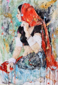 Moazzam Ali, Red Chaadar I , 30 X 42 Inches, Watercolour on Paper, Figurative Painting, AC-MOZ-013